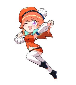 1girl arm_up bow bow_choker breasts chef_hat choker detached_sleeves earrings feather_earrings feathers green_choker hat hololive hololive_english jb_jagbung jewelry light_blush long_hair looking_at_viewer mini_chef_hat miniskirt multiple_hats one_eye_closed open_mouth orange_hair orange_hat orange_skirt purple_eyes simple_background skirt smile solo takanashi_kiara takanashi_kiara_(1st_costume) thighhighs transparent_background virtual_youtuber white_thighhighs