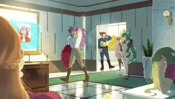 1boy 5girls apron blonde_hair boots brown_boots brown_hair commentary_request gen_2_pokemon green_hair headdress highres hot_gay_241 indoors jacinthe_(pokemon) jacket korean_commentary lebanne_(pokemon) leon_(pokemon) long_hair multiple_girls nintendo pants pink_hair pokemon pokemon_legends:_z-a pokemon_swsh puffy_sleeves purple_hair purple_shirt reflective_floor shirt shoes short_sleeves spinarak standing thighhighs unworn_jacket watermark white_apron white_shirt white_thighhighs