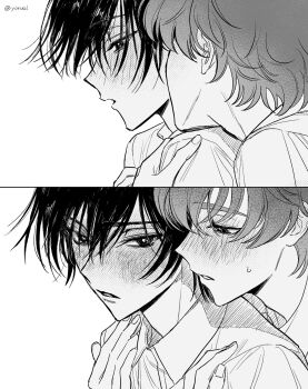 2boys black_hair blush code_geass collared_shirt greyscale hair_between_eyes half-closed_eyes highres hug hug_from_behind kiss kissing_neck kururugi_suzaku lelouch_vi_britannia looking_at_another male_focus monochrome multiple_boys parted_bangs parted_lips screentones shirt short_hair sweat upper_body white_background yaoi yorusl