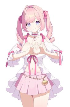 1girl absurdres ahoge blue_eyes breasts brooch center_opening choker cleavage closed_mouth clothing_cutout collarbone commission cowboy_shot frilled_choker frilled_shirt frills gradient_eyes hair_ribbon heart heart_hands highres jewelry large_breasts long_hair looking_at_viewer miniskirt multicolored_eyes navel original pink_choker pink_hair pink_skirt pleated_skirt purple_eyes revealing_clothes ribbon shirt short_sleeves shoulder_cutout simple_background skirt smile solo standing stomach thighs twintails white_background white_shirt ysoa26