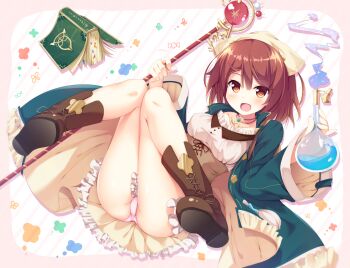 1girl :d ahoge ass atelier_(series) atelier_sophie blush bonnet book boots bow breasts brown_boots brown_eyes brown_hair coat corset dress female_focus flask full_body headscarf highres holding holding_flask holding_staff jacket knees_together_feet_apart kusunoki_(escude) lace-up_boots open_clothes open_jacket open_mouth panties pantyshot pink_panties round-bottom_flask short_hair sitting skirt smile solo sophie_neuenmuller staff underwear upskirt weapon yellow_headscarf