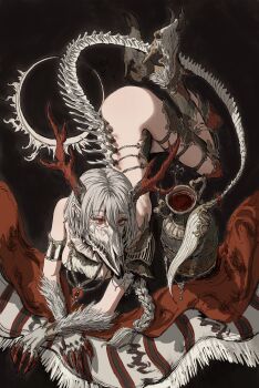 1girl absurdres animal_skull armlet black_background bone bottomless braid chain claws gold_can grey_hair highres hooves horns jewelry long_hair lying original red_eyes solo spine tail white_hair