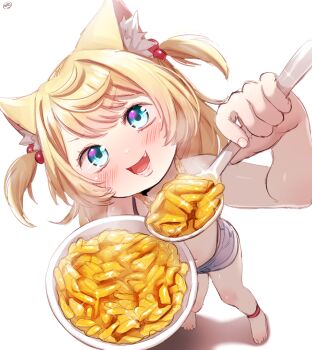 1girl animal_ears anklet barefoot black_bra black_panties blonde_hair blue_eyes blue_shorts blush born-to-die bowl bra cat_ears cat_girl chain chain_necklace collarbone denim denim_shorts fang flat_chest food from_above hair_bobbles hair_ornament highleg highleg_panties holding holding_bowl holding_food holding_spoon jewelry loli long_hair looking_at_viewer macaroni_and_cheese_(food) navel necklace open_mouth original panties pasta shorts smile sparkle spoon standing teeth twintails underwear white_background