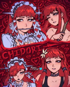 1girl blunt_bangs choker commentary dress english_commentary frilled_choker frilled_hairband frills gothic_lolita hair_ornament hairband hatidraw heart highres knife lolita_fashion lolita_hairband long_hair object_through_head persona persona_3 persona_3_reload portrait red_hair ribbon sidelocks sword_in_head watermark white_dress white_ribbon yoshino_chidori