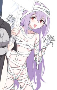 Rule 34 | 2girls, :d, atsuko (blue archive), bandages, blue archive, blush, breasts, cameltoe, clearite, covered erect nipples, looking at viewer, multiple girls, mummy costume, naked bandage, navel, open mouth, purple hair, red eyes, sign, simple background, small breasts, smile, white background, yoshimi (blue archive), yoshimi (halloween) (blue archive)