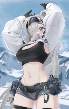 1girl absurdres animal_ears arknights arms_up aurora_(arknights) aurora_(elite_ii)_(arknights) bear_ears belt black_hairband black_tank_top blue_eyes blue_sky breasts cleavage commentary cowboy_shot crop_top day grey_hair grey_shorts hair_over_one_eye hairband highres large_breasts long_hair long_sleeves looking_at_viewer midriff mildt mountain navel outdoors pouch short_shorts shorts shrug_(clothing) sky solo standing stomach tank_top thigh_strap thighs very_long_hair
