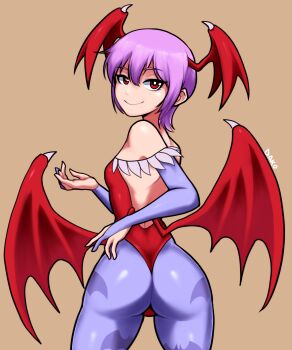 absurdres animal_print ass back bare_shoulders bat_print bat_wings dako_(dakosito) darkstalkers elbow_gloves feather_trim fingerless_gloves from_behind gloves hair_between_eyes head_wings highres huge_ass leotard lilith_(darkstalkers) long_sleeves looking_at_viewer looking_back pantyhose print_thighhighs purple_hair purple_thighhighs red_eyes red_leotard red_wings short_hair sidelocks simple_background smile thighhighs wide_hips wings