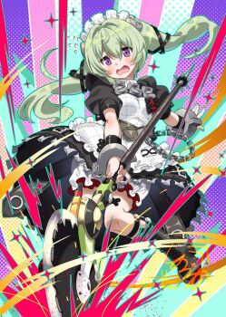 Rule 34 | 1girl, apron, black boots, black dress, bloomers, boots, circular saw, colorful background, commentary request, corin wickes, cuffs, dress, fingernails, green hair, hair between eyes, holding, holding weapon, knee boots, long hair, maid, maid apron, maid headdress, open mouth, puffy short sleeves, puffy sleeves, purple eyes, saw, screw hair ornament, shinozuka atsuto, short sleeves, solo, twintails, underwear, weapon, white bloomers, zenless zone zero