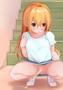1girl absurdres blush censored cleft_of_venus highres loli looking_to_the_side no_panties orange_eyes orange_hair original peeing peeing_on_floor puddle pussy solo squatting zetsuen_lightning