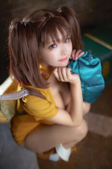 Rule 34 | 1girl, backpack, bag, blue eyes, breasts, brown hair, cleavage, cosplay, diane (nanatsu no taizai), diane (nanatsu no taizai) (cosplay), earrings, from above, highres, japanese (nationality), jewelry, leotard, long hair, looking at viewer, mainemu, nanatsu no taizai, photo (medium), real life, short sleeves, single earring, twintails