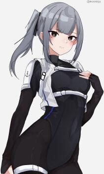 Rule 34 | 1girl, alternate costume, black wetsuit, blush, bodysuit, brown eyes, commentary request, diving suit, grey hair, hair ribbon, hand on own chest, highres, kantai collection, kasumi (kancolle), long hair, looking at viewer, md5 mismatch, miron (mirona33), resolution mismatch, ribbon, side ponytail, solo, source smaller, upper body, wetsuit