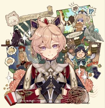 !? 2girls 3boys 3girls ahoge barbara_(genshin_impact) beer_mug beer_stein black_cloak black_gloves black_hair blonde_hair blue_hair blush card cloak closed_eyes commentary_request cup dahlia_(genshin_impact) dice drink drinking_glass drooling english_text facing_away flower food genshin_impact gloves gold_trim gradient_hair green_cloak green_hat hat highres holding holding_cup holding_drink jacket jean_(genshin_impact) long_hair misoshiru_umai4 mug multicolored_hair multiple_boys multiple_girls musical_note outline parted_bangs pink_flower pink_hair popcorn purple_eyes purple_veil red_hat red_jacket rosaria_(genshin_impact) rosaria_(to_the_church's_free_spirit)_(genshin_impact) seamus_pegg semi-rimless_eyewear shirt short_hair signature simple_background smile sparkle speech_bubble spoken_musical_note statue steepled_fingers surprised table tail thought_bubble twitter_username under-rim_eyewear upper_body veil venti_(genshin_impact) watermark white_flower white_hat white_shirt yellow_background