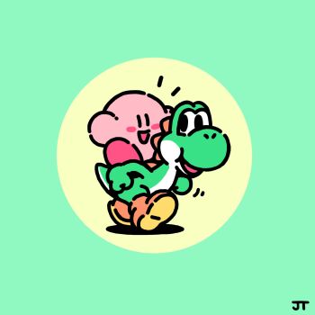 :d black_eyes boots brown_boots chibi chibi_only commentary crossover dinosaur english_commentary green_background happy highres james_turner kirby kirby_(series) looking_at_viewer mario_(series) nintendo no_humans notice_lines open_mouth riding riding_dinosaur signature simple_background smile two-tone_background walking yellow_background yoshi