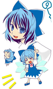 &gt;_&lt; 1girl :d blue_bow blue_dress blue_eyes blue_hair blue_shoes bow chibi circled_9 cirno closed_eyes commentary_request dress full_body ice ice_wings multiple_views neck_ribbon open_mouth puffy_short_sleeves puffy_sleeves red_ribbon ribbon shirt shoes short_hair short_sleeves simple_background smile suzuki_yuuma touhou white_background white_shirt wings