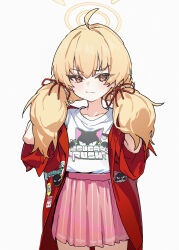 Rule 34 | 1girl, absurdres, ahoge, blonde hair, blue archive, blush, closed mouth, collarbone, cowboy shot, hair between eyes, halo, highres, jacket, long hair, looking at viewer, low twintails, official alternate costume, open clothes, open jacket, pink skirt, pleated skirt, r1zen, red jacket, shirt, simple background, skirt, solo, twintails, white background, white shirt, yellow eyes, yellow halo, yoshimi (band) (blue archive), yoshimi (blue archive)