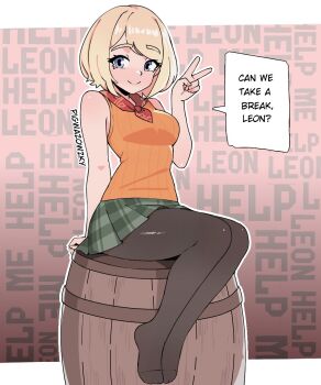 arm_behind_back ashley_graham barrel blonde_hair blue_eyes commentary english_commentary english_text green_skirt highres looking_at_viewer miniskirt neckerchief no_shoes orange_sweater outline pigwazowzky plaid_clothes plaid_skirt red_neckerchief resident_evil resident_evil_4 resident_evil_4_(remake) sitting skirt sleeveless sleeveless_sweater smile speech_bubble sweater v white_outline