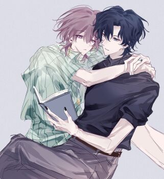 2boys black_nails blue_eyes blue_hair book cho_kaguya-hime! closed_mouth commentary_request earrings hayayoru highres holding holding_book implied_yaoi jewelry komazawa_noi male_focus mikado_akira_(cho_kaguya-hime!) multiple_boys open_book pink_eyes pink_hair ring short_sleeves sitting