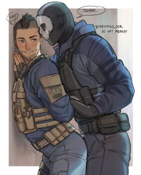 2boys belt black_belt black_gloves black_hair black_jacket black_pants blue_eyes blue_shirt blush brown_belt bulletproof_vest call_of_duty call_of_duty:_modern_warfare_2 dreaming_oor english_text facial_hair fingerless_gloves ghost_(modern_warfare_2) gloves highres jacket looking_at_another male_focus mask multiple_boys pants shirt short_hair skull_mask soap_(modern_warfare_2) twitter_username yaoi