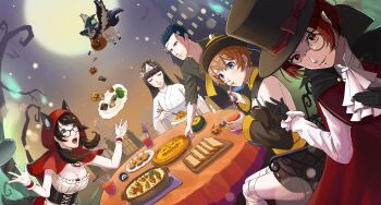 2boys 3girls absurdres animal_ears arai_motoha ascot bird black-framed_eyewear black_eyes black_hair black_hat blue_eyes blue_hair brown_hair chair chinese_clothes commentary_request cosplay cup fake_animal_ears food frankenstein&#039;s_monster frankenstein&#039;s_monster_(cosplay) ghost_costume glasses halloween halloween_costume hand_on_own_chest hat highres holding holding_cup hood hood_up jiangshi kamishiro_nagisa kanou_shun little_red_riding_hood_(fairy_tale_character) little_red_riding_hood_(fairy_tale_character)_(cosplay) long_hair looking_at_viewer looking_up low_twintails lufel_(owl)_(p5x) lufel_(p5x) mo_yako monocle moon multiple_boys multiple_girls night night_sky noge_tomoko outdoors owl persona persona_5 persona_5:_the_phantom_x red_eyes red_hair short_hair sitting sky table tanemura_riko top_hat twintails white_ascot witch_hat wolf_ears