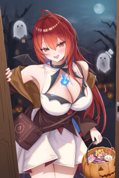 1girl :d absurdres ahoge almonxtea alternate_costume bag bare_tree bat_wings blue_fire blue_hair breasts brown_corset brown_jacket cecilia_immergreen cleavage colored_inner_hair commentary corset dress elizabeth_rose_bloodflame english_commentary fire fire_on_chest ghost gigi_murin halloween highres holding hololive hololive_english huge_ahoge jack-o&#039;-lantern jacket large_breasts long_hair long_sleeves looking_at_viewer mini_wings moon multicolored_hair nail_polish night off_shoulder open_mouth raora_panthera red_eyes red_hair red_nails short_dress shoulder_bag single_sidelock sleeveless sleeveless_dress smile solo straight_hair tree very_long_hair virtual_youtuber white_dress wings