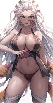1girl absurdres arm_behind_back black_nails black_thighhighs blush boots breasts cleavage closed_mouth collared_shirt commentary_request cracked_skin daki_(kimetsu_no_yaiba) facial_mark fingernails hair_ornament halterneck highres japanese_clothes jasony kimetsu_no_yaiba large_breasts legs_apart lipstick long_hair looking_at_viewer makeup nail_polish navel no_pants panties red_lips sash sharp_fingernails shirt side-tie_panties simple_background smile solo standing stomach symbol-shaped_pupils thigh_boots thighhighs underwear very_long_hair white_hair yellow_eyes