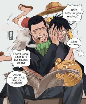 absurdres ascot black_hair black_jacket cigar crocodile_(one_piece) english_text fur-trimmed_shorts fur_trim glomp green_ascot grey_background hat highres hook_hand hug jacket jewelry monkey_d._luffy mouth_hold multiple_rings newspaper ngumngim one_piece red_shorts ring sandals scar scar_on_face short_hair shorts smoking speech_bubble stitched_face stitches straw_hat teeth_hold yellow_eyes