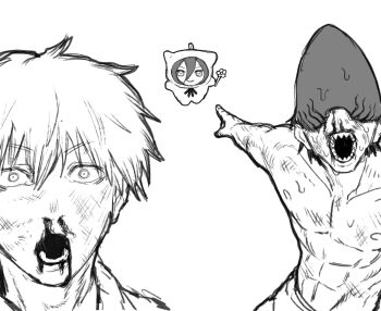 1girl 2boys abs absurdres beam_(chainsaw_man) blood chainsaw_man chibi commentary_request denji_(chainsaw_man) facing_viewer flower greyscale highres holding holding_flower looking_at_viewer meme monochrome multiple_boys nosebleed otataru0806 pointing pointing_at_another reze_(chainsaw_man) shark_boy shark_head sharp_teeth teeth two_soyjaks_pointing_(meme)