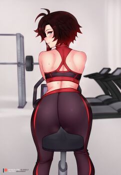 1girl ass back bare_shoulders black_hair bluefield blush exercising exercise_bike from_behind gradient_hair gym highres leggings lips looking_at_viewer looking_back multicolored_hair red_hair ruby_rose rwby short_hair sitting smile solo sports_bra sweat thighs two-tone_hair