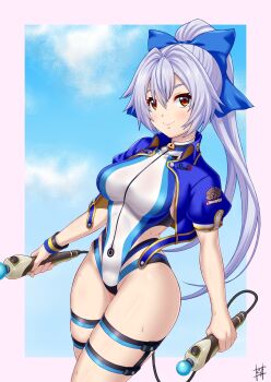 1girl blue_bow blue_jacket blue_one-piece_swimsuit blue_sky blush bow breasts controller fate/grand_order fate_(series) guriguri_(arayotto4351) hair_between_eyes hair_bow highleg highleg_one-piece_swimsuit highres jacket large_breasts long_hair looking_at_viewer one-piece_swimsuit open_clothes open_jacket ponytail red_eyes short_sleeves sky smile solo swimsuit thigh_strap thighs tomoe_gozen_(fate) tomoe_gozen_(swimsuit_saber)_(fate) tomoe_gozen_(swimsuit_saber)_(first_ascension)_(fate) two-tone_swimsuit white_hair white_one-piece_swimsuit wristband