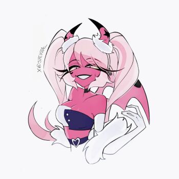 1girl breasts colored_sclera colored_skin demon_girl demon_horns hellaverse helluva_boss highres horns large_breasts long_hair looking_at_viewer pink_skin solo syekiia twintails verosika_mayday yellow_sclera