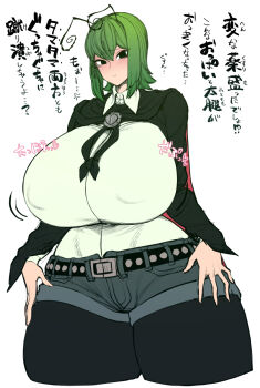 Rule 34 | 1girl, aged up, alternate body size, alternate costume, antennae, belt, black belt, black leggings, breasts, cape, covered erect nipples, curvy, denim, denim shorts, gigantic breasts, green hair, hands on own thighs, highres, leggings, long sleeves, motion lines, pout, puffy cheeks, shirt, shorts, sidelocks, solid circle pupils, solo, spacezin, studded belt, thick thighs, thighs, touhou, translation request, white shirt, wide hips, wing collar, wriggle nightbug