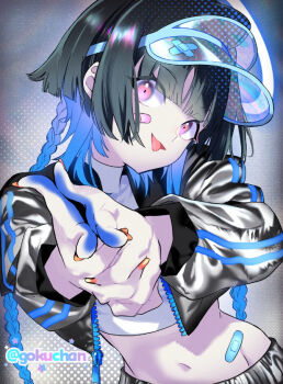 1girl :p artist_name bandaid bandaid_on_face bandaid_on_hip black_hair blue_hair braid commentary_request crop_top cropped_jacket finger_gun fingernails foreshortening goku-chan interlocked_fingers long_braid midriff multicolored_hair navel orange_nails original own_hands_clasped own_hands_together see-through_clothes see-through_headwear solo tongue tongue_out twitter_username two-tone_hair visor_cap zipper zipper_pull_tab