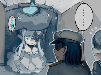 Rule 34 | ..., 10s, 1boy, 2girls, ?, abyssal admiral (kancolle), abyssal jellyfish princess, abyssal ship, admiral (kancolle), black hair, blue eyes, breasts, cleavage, comic, dress, epaulettes, frilled dress, frills, grey hair, hat, hidden eyes, kantai collection, large breasts, long hair, military, military uniform, multiple girls, one eye covered, open mouth, peaked cap, sailor collar, sailor shirt, shaded face, shirt, spoken ellipsis, spoken question mark, surprised, ta-class battleship, walzrj, window