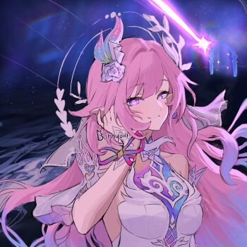 1girl artist_name bare_shoulders beach breasts bunnyoki commentary cyrene_(demiurge)_(honkai:_star_rail) cyrene_(honkai:_star_rail) diamond-shaped_pupils diamond_(shape) dress earrings flower hair_flower hair_ornament halo highres honkai:_star_rail honkai_(series) jewelry large_breasts long_hair looking_at_viewer night ocean pink_hair pointy_ears purple_eyes smile solo symbol-shaped_pupils upper_body very_long_hair white_dress