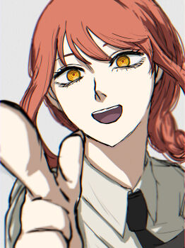 1girl absurdres black_necktie braid braided_ponytail chainsaw_man collared_shirt commentary_request grey_background highres long_hair makima_(chainsaw_man) necktie open_mouth pointing red_hair ringed_eyes shirt sidelocks solo teeth user_traa3358 white_shirt yellow_eyes