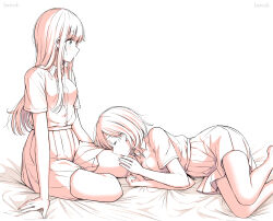 Rule 34 | 2girls, artist name, betock, blush, closed eyes, closed mouth, collared shirt, commentary request, hand on another&#039;s leg, highres, lap pillow, long hair, lying, monochrome, multiple girls, on side, original, pleated skirt, school uniform, shirt, shirt tucked in, short hair, short sleeves, sitting, skirt, sweatdrop, yuri