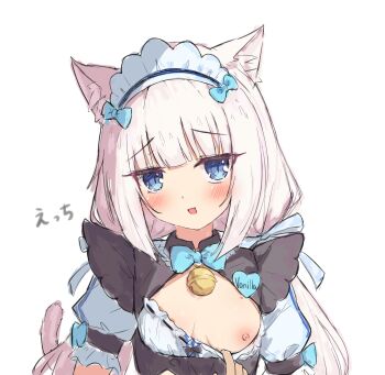 1girl :d absurdres animal_ear_fluff animal_ears apron bell black_apron blue_bow blue_bowtie blue_eyes blunt_bangs blush bow bowtie breasts breasts_apart cat_ears cat_girl cat_tail character_name commentary_request frilled_apron frilled_sleeves frills hair_bow highres jingle_bell long_hair looking_at_viewer low_twintails maid maid_headdress name_tag naughty_face neck_bell nekopara nipples no_bra open_mouth partial_commentary presenting_own_breasts short_sleeves sidelocks simple_background sketch slit_pupils small_breasts smile solo tail tail_raised translated tsubatyissimo2 tsurime twintails upper_body vanilla_(nekopara) white_background white_hair