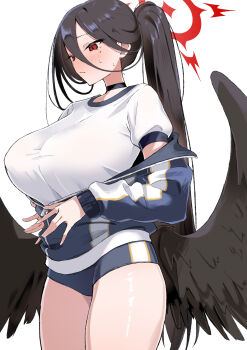 1girl absurdres black_choker black_hair black_wings blue_archive blue_jacket blue_shorts blush breasts choker closed_mouth commentary_request covered_erect_nipples cowboy_shot feathered_wings gym_shirt gym_shorts gym_uniform hair_between_eyes halo hands_up hasumi_(blue_archive) hasumi_(track)_(blue_archive) highres huge_breasts jacket long_bangs long_hair long_sleeves looking_ahead low_wings mole mole_under_eye nisokurui off_shoulder official_alternate_costume partially_unbuttoned ponytail raised_eyebrows red_eyes red_halo shirt short_sleeves shorts simple_background sleeves_past_wrists solo standing sweatdrop taut_clothes taut_shirt track_jacket very_long_hair white_background white_shirt wings zipper_pull_tab