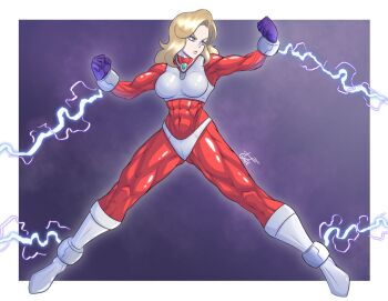 1girl abs armor artist_name biceps bikini bikini_armor blonde_hair blue_background blue_eyes bodysuit boots border bound breasts clenched_hands closed_mouth electricity f-zero frown full_body gage_199x gloves hands_up highleg highleg_bikini highres impossible_armor jewelry knee_boots large_breasts lips medium_hair mrs._arrow muscular muscular_female necklace nintendo outstretched_arms panties_over_clothes purple_gloves red_bodysuit restrained silver_bikini silver_boots skin_tight solo spread_legs swimsuit tankini thighs v-shaped_eyebrows white_border