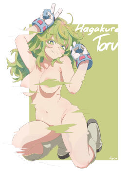 1girl absurdres artist_name boku_no_hero_academia breasts censored commentary commentary_request double_v english_commentary feca green_background green_eyes green_hair hagakure_toru highres kneeling large_breasts long_hair looking_at_viewer multicolored_hair navel nude pink_hair solo thighs two-tone_background two-tone_hair v white_background