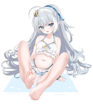 1girl absurdres ahoge arms_behind_back bare_shoulders bikini bikini_ribbon blue_eyes blue_hairband blush breasts chicami cleavage collarbone commentary_request female_tyrant_(stella_sora) female_tyrant_(swimsuit)_(stella_sora) frilled_bikini frills grey_hair hair_ornament hairband halterneck highres key long_hair looking_at_viewer navel official_alternate_costume open_mouth ribbon simple_background sitting small_breasts solo star_(symbol) stella_sora stomach sweat swimsuit symbol-shaped_pupils thigh_strap thighs toenails two-tone_ribbon tyrant_(stella_sora) very_long_hair white_background white_bikini