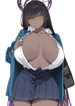 black_hair blue_archive breasts cleavage commentary dark-skinned_female dark_skin halo highres huge_breasts karin_(blue_archive) karin_(school_uniform)_(blue_archive) long_hair school_uniform shirt skirt sky-freedom symbol-only_commentary white_shirt yellow_eyes