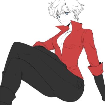 Rule 34 | 1girl, bishoujo senshi sailor moon, black gloves, breasts, cleavage, crossed legs, elbow gloves, female focus, gloves, hiki-wota, light smile, monochrome, popped collar, short hair, sitting, solo, spot color, ten'ou haruka, very short hair