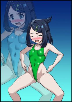 1girl black_hair blue_leotard blush border breasts cameltoe closed_eyes collarbone commentary_request covered_navel cowlick eyelashes green_leotard green_one-piece_swimsuit haigure_pose hair_ornament hairclip highleg highleg_leotard highres knees leotard liko_(pokemon) multiple_views nintendo one-piece_swimsuit open_mouth pokemon pokemon_(anime) pokemon_horizons shiny_skin sintro_(sintro8190) small_breasts solo spread_legs squatting sweatdrop swimsuit teeth tongue upper_teeth_only zoom_layer