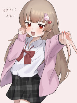 Rule 34 | 1girl, absurdres, black skirt, blonde hair, blush, bow, bowtie, cardigan, collared shirt, commentary request, fang, hair ornament, highres, long hair, looking at viewer, natori sana, okaki8130, open mouth, pink cardigan, pink nails, red bow, red bowtie, red eyes, sana channel, shirt, skin fang, skirt, solo, sweatdrop, translation request, v, virtual youtuber, white shirt