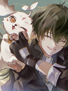 1boy abby_(wuthering_waves) absurdres bandaged_arm bandages black_gloves black_hair black_jacket chigusa7h chromatic_aberration closed_eyes commentary gloves grey_shirt hair_between_eyes hand_up highres jacket long_hair male_focus male_rover_(wuthering_waves) one_eye_closed outdoors rover_(wuthering_waves) shirt smile tacet_mark_(wuthering_waves) upper_body wuthering_waves