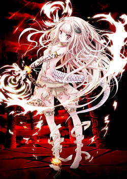 1girl barefoot chain cuffs dragon_girl dragon_horns dragon_tail female_focus fingernails highres horns kaku-san-sei_million_arthur long_hair looking_at_viewer million_arthur_(series) official_art pointy_ears red_eyes shackles sharp_fingernails shorts slit_pupils solo tail tattoo torn_clothes torn_legwear wait white_hair