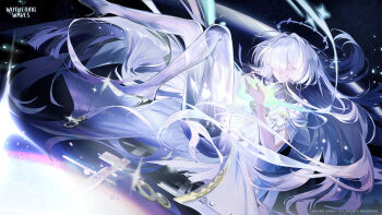 Rule 34 | 1girl, absurdres, breasts, character name, chinese commentary, colored eyelashes, commentary request, crystal, dress, floating hair, grey hair, hair spread out, halo, high heels, highres, jacket, logo, long hair, mornye (wuthering waves), official art, parted lips, purple dress, red eyes, see-through body, small breasts, solo, tacet mark (wuthering waves), tagme, very long hair, white jacket, wuthering waves