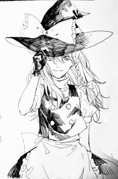 Rule 34 | 1girl, aihara-rina, apron, back bow, bow, braid, chinese commentary, closed mouth, commentary request, gloves, greyscale, hair bow, hat, hat bow, highres, kirisame marisa, long hair, looking at viewer, monochrome, partially fingerless gloves, puffy short sleeves, puffy sleeves, short sleeves, side braid, single braid, skirt, smile, solo, touhou, traditional media, vest, waist apron, witch hat