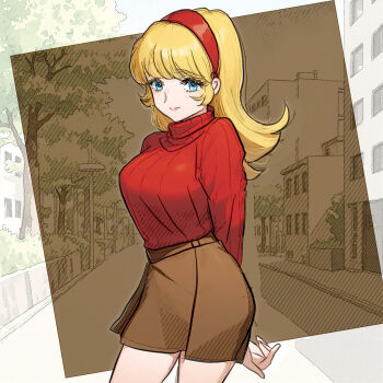 Rule 34 | 1girl, arms behind back, blonde hair, blue eyes, breasts, brown skirt, cyborg, cyborg 009, francoise arnoul, hair over face, hairband, highres, light smile, long eyelashes, long hair, looking at viewer, medium breasts, pink lips, red hairband, red sweater, sariokisu, skirt, soldier, sweater, thighs
